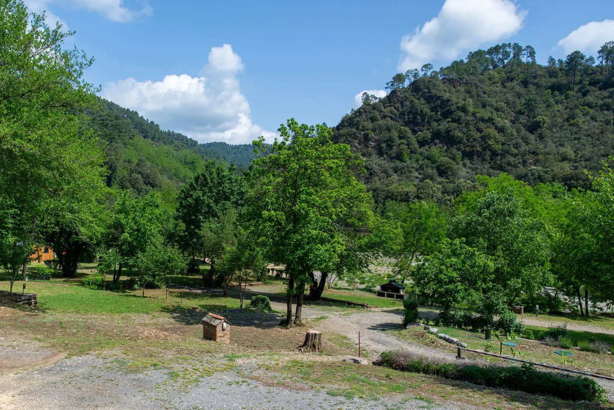 Terrain de camping enherbé planté de jeunes arbres, allées gravillonnées et collines boisées sous un ciel bleu