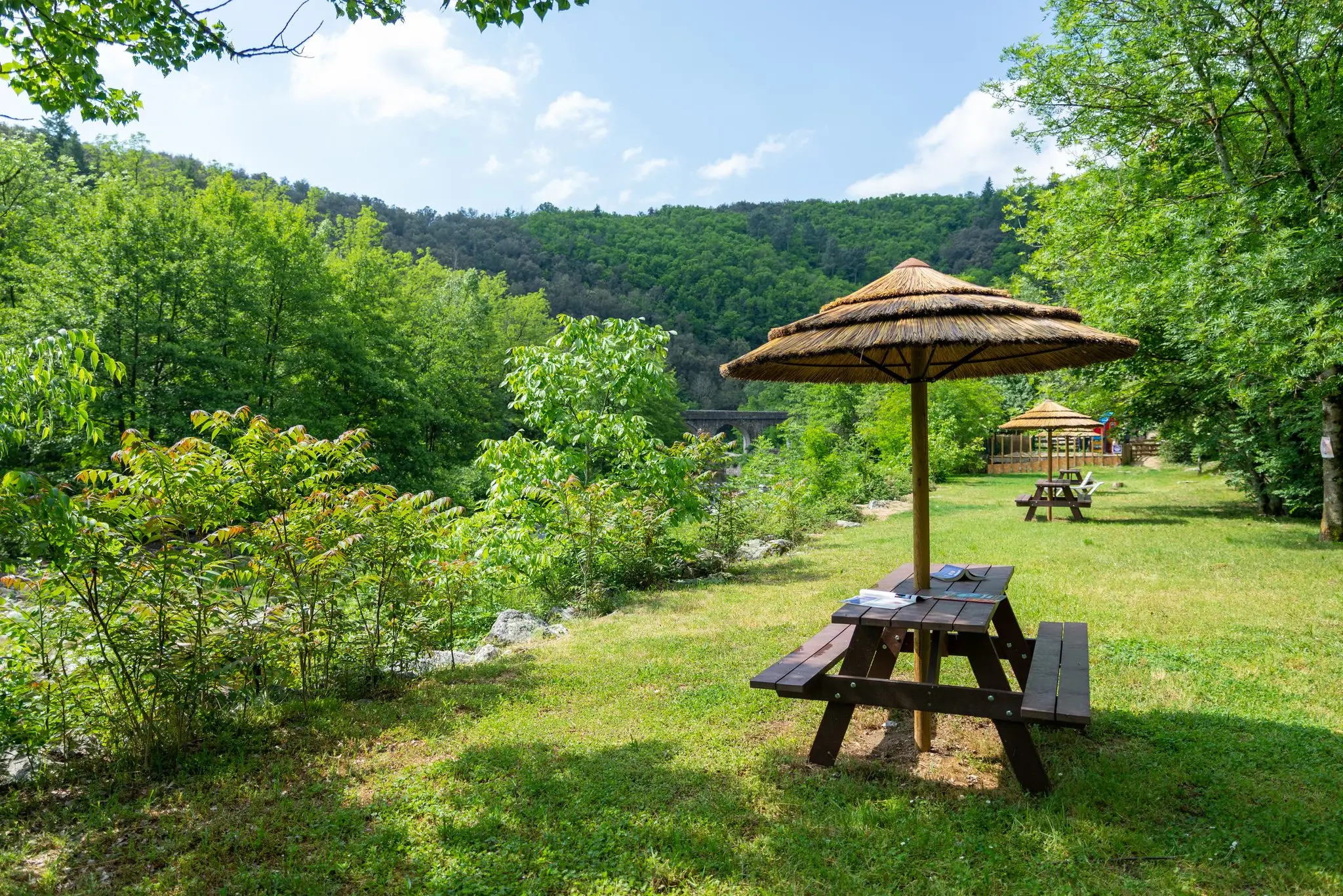 Emplacement de camping sur l'herbe, table de pique-nique et paillote, collines boisées en arrière-plan