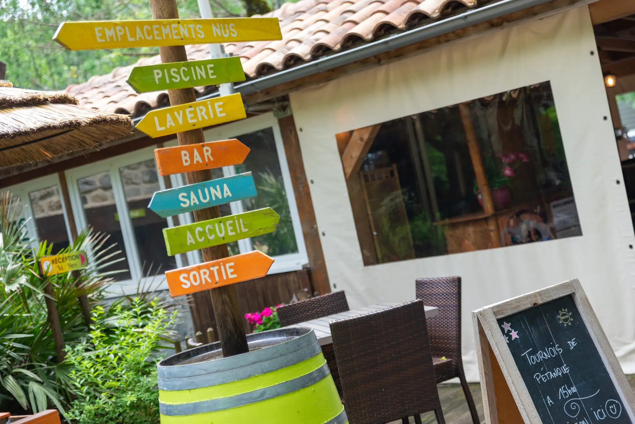 Panneaux en bois colorés indiquant la piscine, la laverie, le bar, le sauna et l'accueil d'un camping