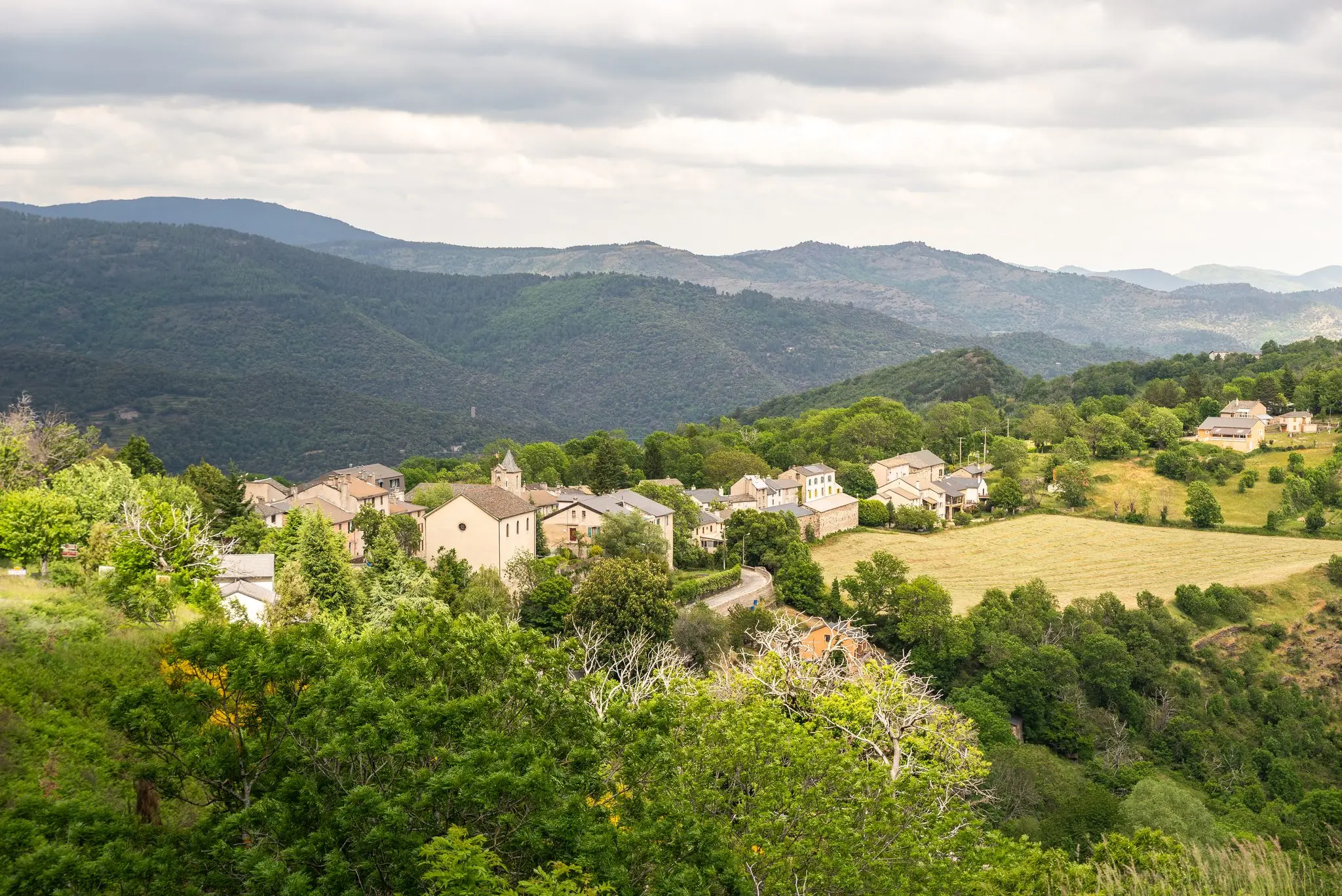 Hameau aux maisons de pierre niché dans la verdure, crêtes boisées des Cévennes en arrière-plan sous un ciel nuageux