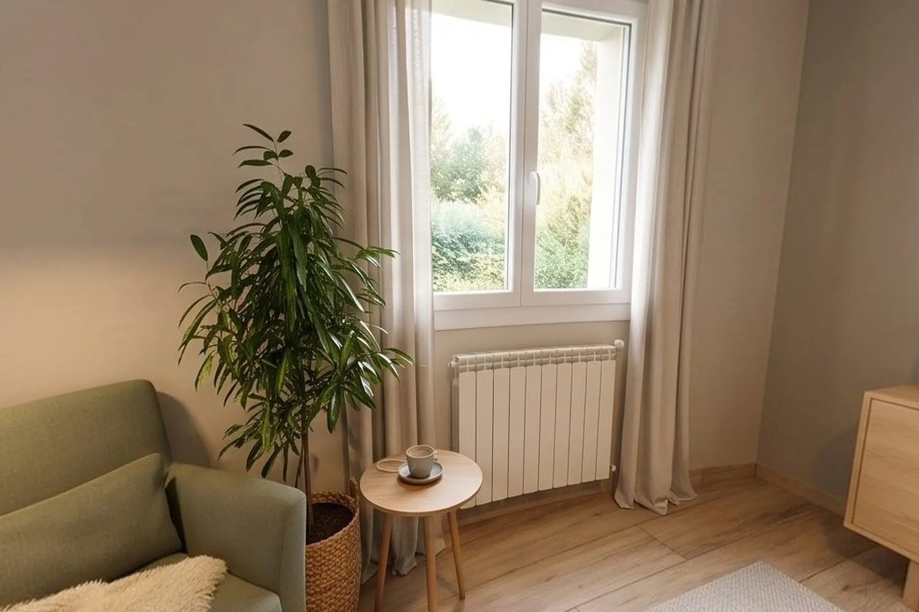 Coin lecture avec fauteuil vert sauge, plaid et guéridon devant une fenêtre sur le jardin, enfilade en chêne clair et bureau avec lampe laiton