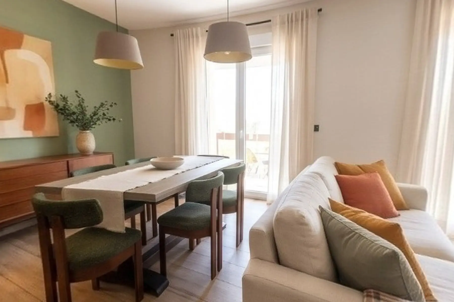 Salle à manger avec table en bois et chaises vertes devant un mur vert sauge, salon au canapé écru près des portes-fenêtres