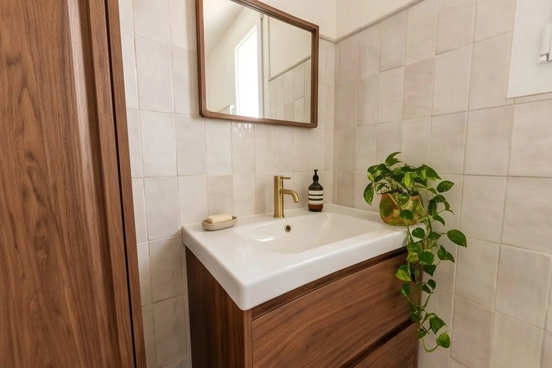 Salle de bain claire au carrelage blanc façon zellige, baignoire d'angle, robinetterie laiton et meuble vasque en noyer