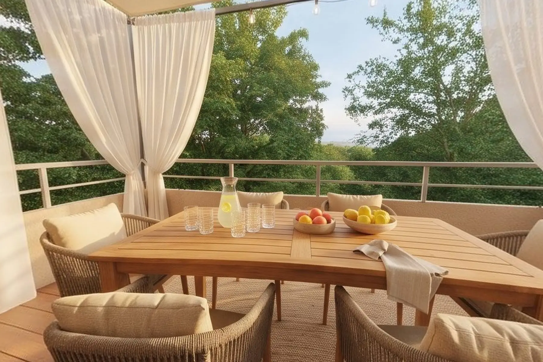 Terrasse couverte d'une toile beige, table en teck dressée pour l'apéritif, fauteuils en corde, olivier en pot et jardinières de lavande face aux arbres